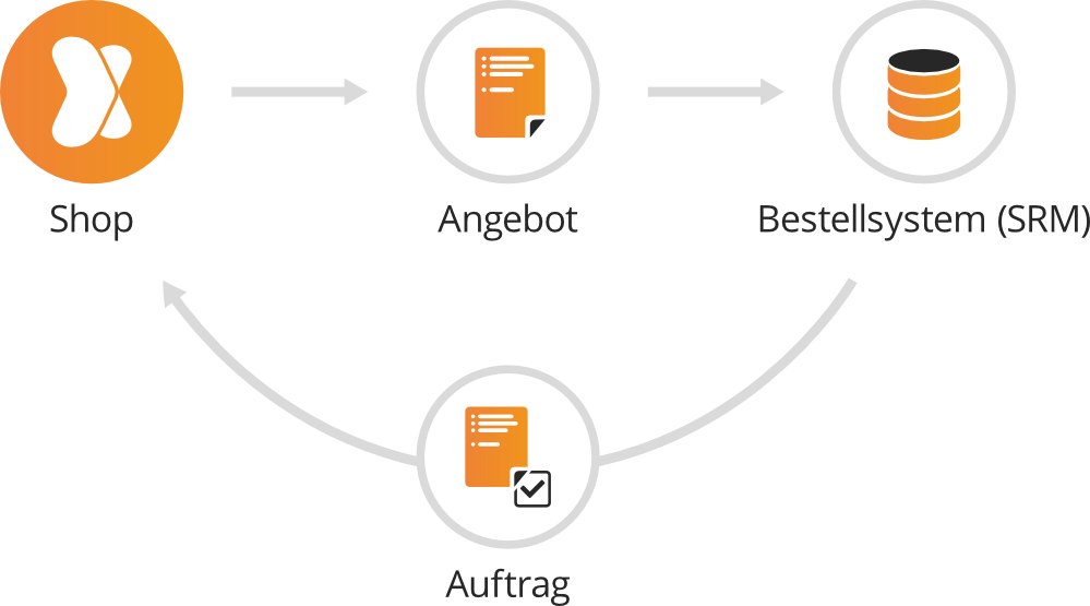 Schematische Darstellung für B2B: Shop mit diversen Datenquellen, welche in den Shop importiert, anschliessend konsolidiert und an unterschiedliche Kundengruppen geliefert werden.